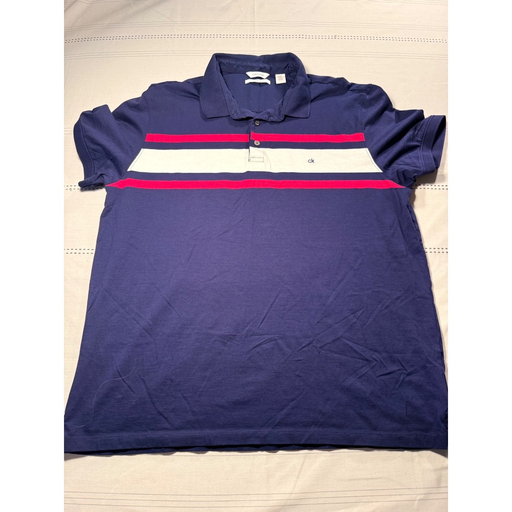 Calvin Klein Liquid Touch Polo Shirt Mens XL Navy Blue Red White Stripe CK Logo
